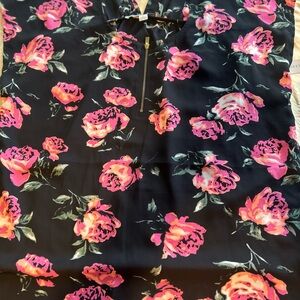 Larry Levine Black Floral Zip-Front Top with Pink Roses